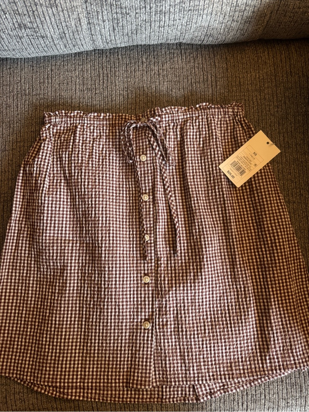 Button-Front Gingham Drawstring Mini Skirt - Brown